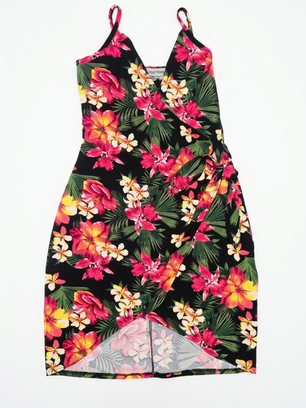 Tropical Floral Wrap-Detail Sundress - Black with Pink & Yellow Flowers
